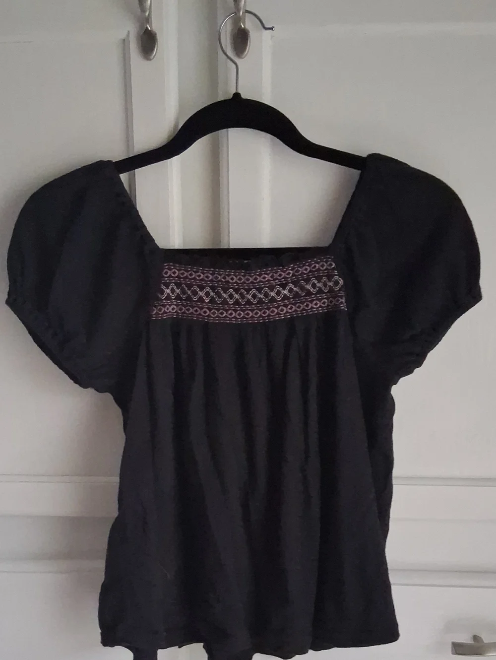 Madewell Black Embroidered Square-Neck Puff Sleeve Top